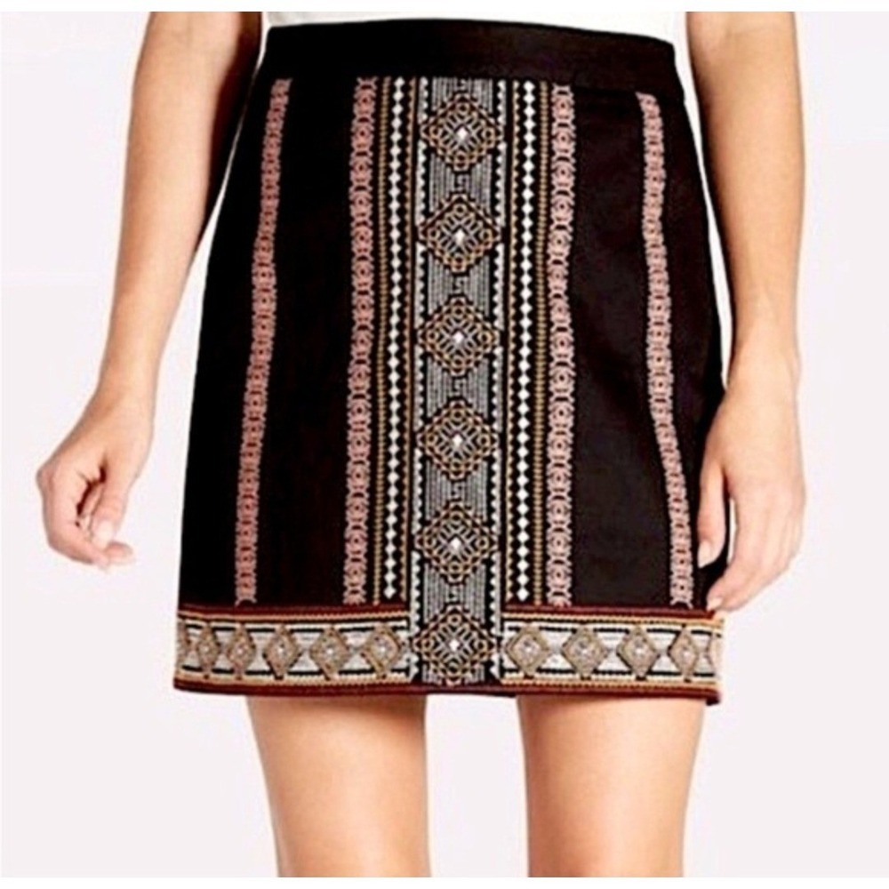 Braeve Womens Black Embroidered Geometric Mini Skirt Size L Boho Tribal A-Line